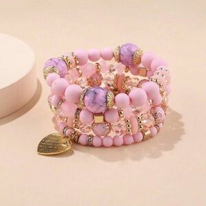 Pink and Purple Beaded Bracelet Set
